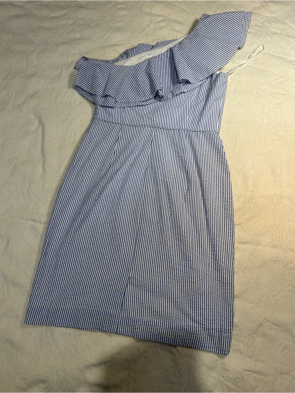 J. Crew Blue and White Striped One-Shoulder Ruffle Dress